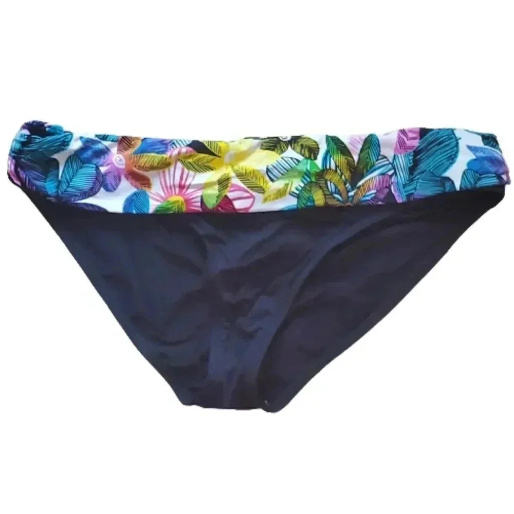 La Blanca black bikini bottom with tropical print waistband Size 12